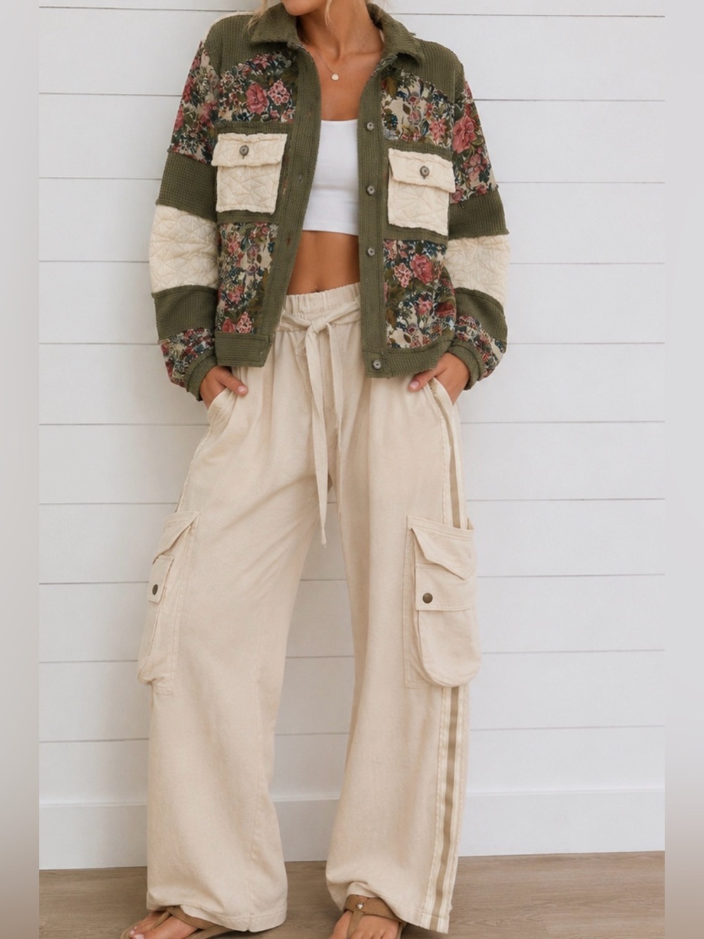 NEW POL: “The Fiona”Boho Floral Quilted Shacket in Olive and Cream - Picture 2 of 6